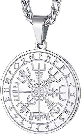 FaithHeart Viking Kompass Wikinger Vegvisir Anhänger Halskette herren Kompass Anhänger mit 55cm+5cm Kette für damen und Herren