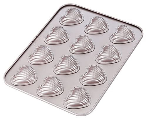 CHEFMADE Madeleine Mold Cake Pan, 12-Cavity Non-Stick Heart-Shaped Shello Madeline Bakeware for Oven Baking (Champagne Gold)
