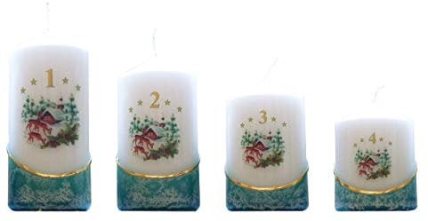 Meissner-Handel Auswahl - Weihnachtskerze/Adventskerze/Adventskalender - 4 Kerzen - farbig getaucht, grün - jeden Advent EIN Stückchen abbrennen - Auswahl Motiv