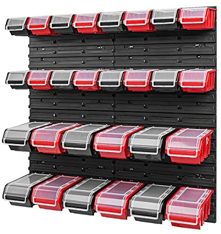 PAFEN Stapelbox Wandregal 772 x 780 mm - Lagersystem 28 Stück Boxen mit Deckel - Lagerregal Sichtlagerkästen Schüttenregal, Schwarz/Rot