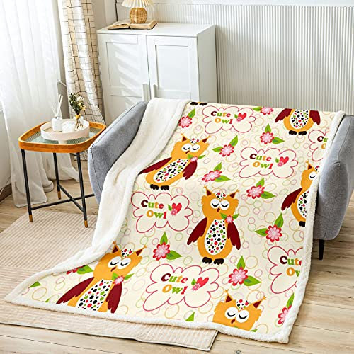 Homemissing Kinder Karikatur Eule Decke 150x200cm Niedlich Eulen Blumendruck Wohndecke für Mädchen Kinder Schlafzimmer Boho Wildtier Vogel Dekor Kuscheldecke Blumen Kreis Flanell Fleecedecke