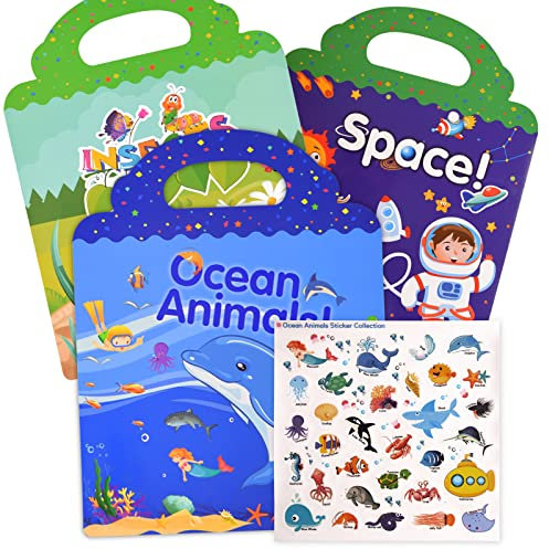 Surcotto Stickerbuch ab 1 2 3 4 5 Jahre, Wiederverwendbare Sticker Kinder(Ozean+Insekten+Weltraum), Sticker Buch für Mädchen und Jungen, Montessori, Sensory Play, für Unterwegs Auto Flugzeug Zug Reise
