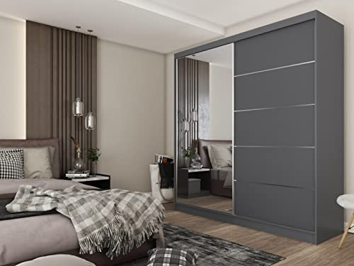 WFL GROUP Moderner Kleiderschrank Schwebetürenschrank Grau mit Spiegel 120 150 180 200 cm - Graphit Matt Kleiderschrank für Schlafzimmer mit Schiebetüren - Kleiderstange - 200 cm - Grau