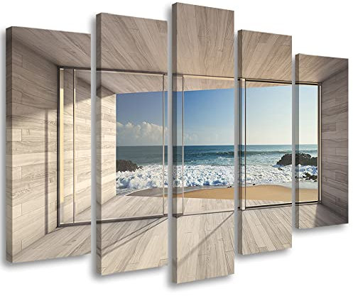 Feeby Bilder 150x100 cm Himmel 3D-Illusion Strandblick 5 tlg Modern Wandbilder Leinwandbilder Bild auf Leinwand Wohnzimmer Schlafzimmer Büro Flur Wellen Ozean Meer Blau