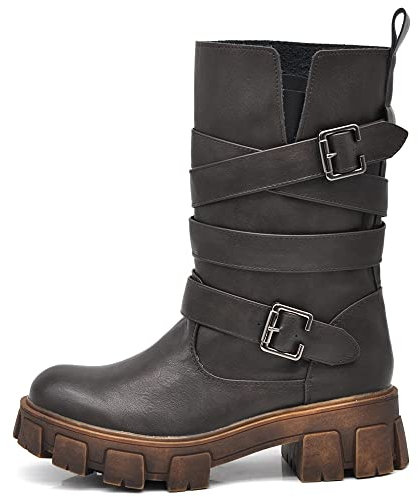 IF Fashion Scarpe Da Donna Stivali Stivaletti Biker Motociclista Anfibi Al Polpaccio Con Cintine e Fibbie 891 testa di moro N.37