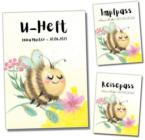 My-Little Reisepass & U-Heft & Impfpasshüllen | Set 3-teilig | Geschenkidee personalisierbar mit Name & Geburtsdatum | Hülle für Untersuchungsheft, Impfpass & Reisepass | Honig Biene -Personalisiert-