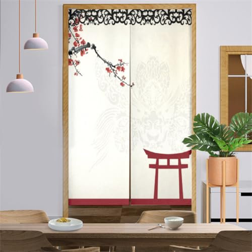Surwin Rideau de Porte Japonais Long Tapisserie Noren en Lin Fenêtre Rideaux Panneau Tenture Tapisserie Décoration pour Cuisine Chambre Décoration de Maison (Prune Rouge,90x200cm)