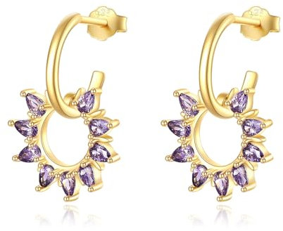 Sunburst Amethyst Hoop Earrings Vergoldet Sterling Silber Dangle Drop Ohrringe Sonne Sonnenschein Schmuck für Frauen