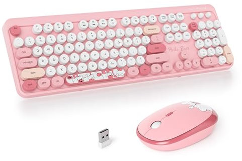 SOLIDEE Wireless Keyboard and Mouse Combo,Retro Typewriter Keyboard,2.4GHz Colorful Round Keycap Computer Keyboard with Number Pad,104 Keys Full Size Ergonomic Keyboard(US Layout QWERTY)(Bear Pink)