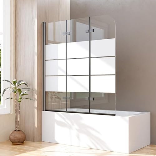 Gestreift Duschwand für Badewanne 140x140cm 3-teilig Schwarz, Faltbar Duschwand Streifenmuster Duschtrennwand Badewannenaufsatz, 140cm Duschabtrennung für Badewanne mit 6mm ESG Sicherheitsglas