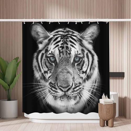 Woutay Shower Curtain Water Repellant Fabric Black Tiger,Mould Proof Resistant,Polyester,with 12 Plastic Hooks