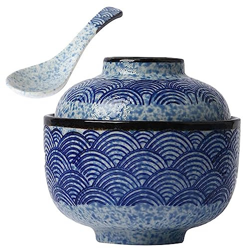 YARNOW Bol À Soupe Japonais En Céramique 4.1 Pouces Avec Couvercle Et Cuillère Bol Pour Ramen Micro-Ondes Polyvalent Vaisselle Japonaise