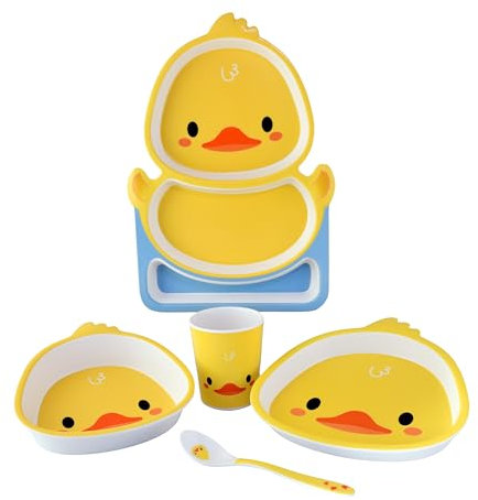 Bandeja y platos para bebes y niñ@s, con forma de animales – Set de vajilla infantil - Pack de 3 platos – Bandeja para comer con compartimentos + Vaso y cubiertos. (Pollito)