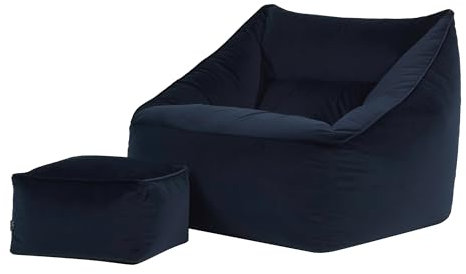 Icon Natalia Sitzsack Sessel mit Hocker für Erwachsene, Dunkelblau, Flauschiger Samtstoff, Riesen Sitzsack Samt mit Füllung, Bean Bag Chair, Bequemer Sessel Wohnzimmer, Lounge, Schlafzimmer, Büro