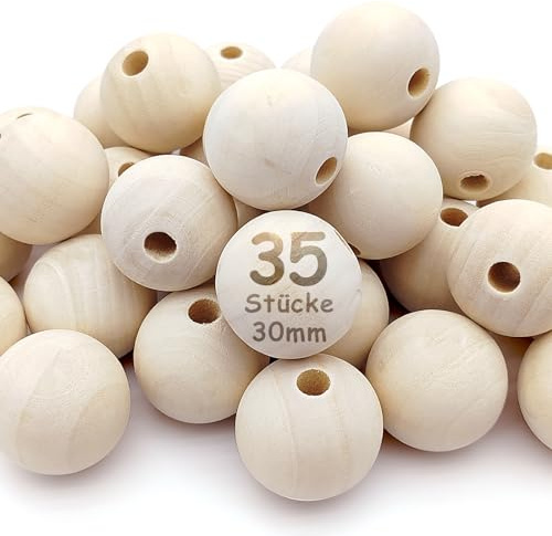 Kisvic Palline di Legno con Foro da 30 mm, 35 Pezzi Grandi Rotonde in Legno Macramè da Infilare per la Produzione di Gioielli Fai da Te