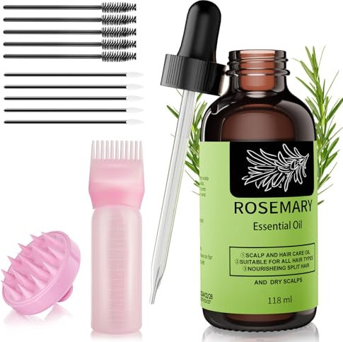 118ml Rosmarinöl Haare Wachstum Kopfhaut +Massagebürste & Applikatorflasche, Premium Rosmarin ätherisches Öl für dünner werdendes trockenes beschädigtes Haar eingewachsene Nachwachsen Verlust