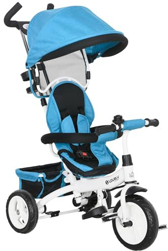 HOMCOM 6 in 1 Trike, Kids Tricycle, Pedal Push Bike w/Parent Handle, Removable Canopy, 5-Point Safety Belt, Storage, Footrest, Brake, for 1-5 Years Toddler, Blue