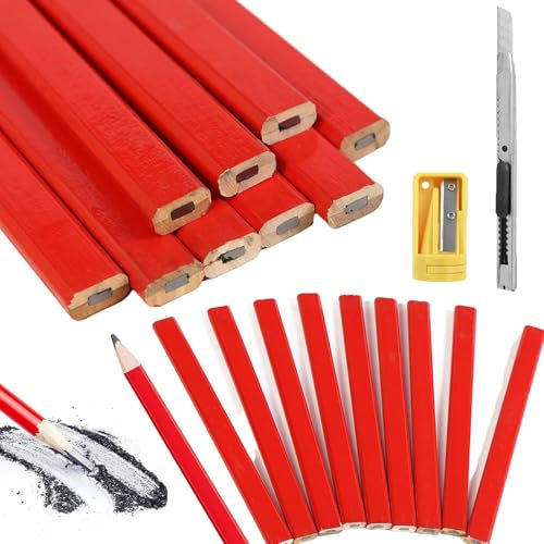 16 Stück Rot Zimmermannsbleistifte Mit Anspitzer, 175mm Zimmermannsbleistift (Harte Mine) , Bleistift Baustelle, Handwerker Bleistift, Bau Bleistift Für Markieren Und Anzeichnenauf Der Baustelle
