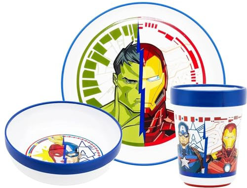 Juego de vajilla reutilizable para niños bicolor – Juego compuesto por 3 piezas: Plato, cuenco y vaso para niños y bebés con base antideslizante – Libre de BPA (para Avengers HULK)