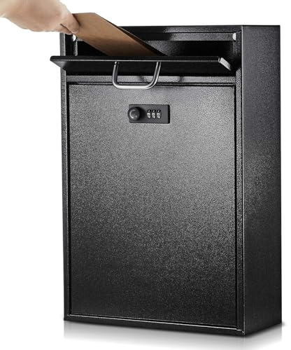 Yaocom Briefkasten zur Wandmontage, mit Zahlenschloss, großer Verriegelung, Sicherheits-Briefkasten für draußen, abschließbar, hängend, Metall, Briefkasten, Sammelbox (schwarz, 41 x 29 x 12 cm)