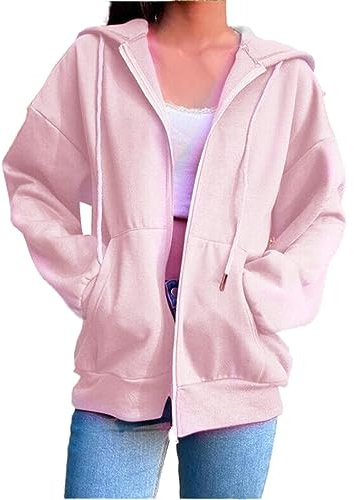 QUINTRA Kapuzenpullover Damen Rosa Langarm Kapuzen Kapuzenjacke Reißverschluss Sweatshirt mit Taschen (Pink, XXL)