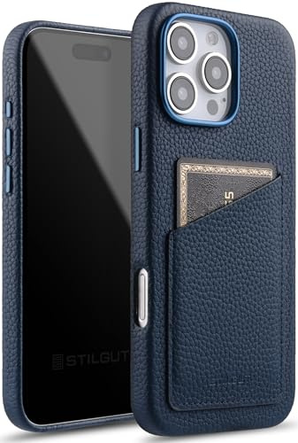 STILGUT Cover kompatibel mit iPhone 16 Pro Hülle mit Kartenfach, Case aus Leder, Kartenhülle - Dunkelblau