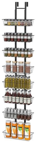 TOPWE Over Door Storage, Pantry Organizers Spice Rack with Adjustable Basket, Foldable Metal Pantry Shelves for Kitchen Bathroom, 8 Tier Black Back of Door Storage