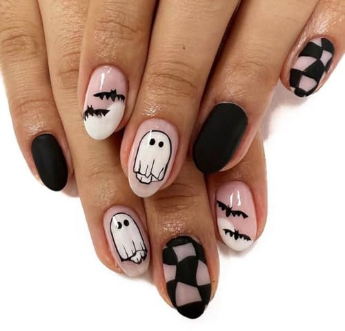 Resweky Halloween Square Bat Spider Unghie finte francesi Short Ghostface fantasma unghie finte copertura completa Unghie acriliche per le donne e le ragazze (Pink, L)