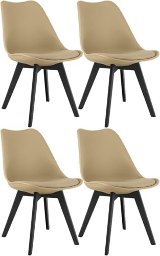 NMK HOME Lot 4 Chaises Salle à Manger Plastique Beige Pieds Noirs | similicuir, intérieur, adultes, assise rembourrée, élégance, confortable