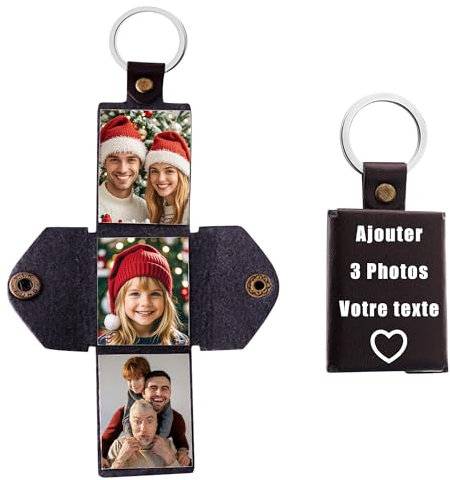 Porte Clef Personnalisable Porte Photo - Ajouter 3/4/10 Photos, Porte Clef Couple Porte Clef Femme Mini Album Photo Porte Clef Photo en Cuir, Cadeau Personnalisé Cadeaux Noel (3 Photo)