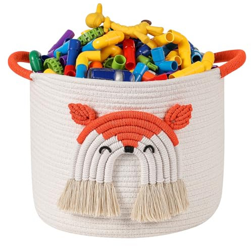 Aufbewahrungskörbe für Kinder, Baumwollseilkorb mit 3D-Fuchs-Dekor, Deckenkorb für Wohnzimmer, Spielzeug-Organizer, gewebter Baby-Aufbewahrungskorb, Wäschekorb, Spielzeugkorb,Orange