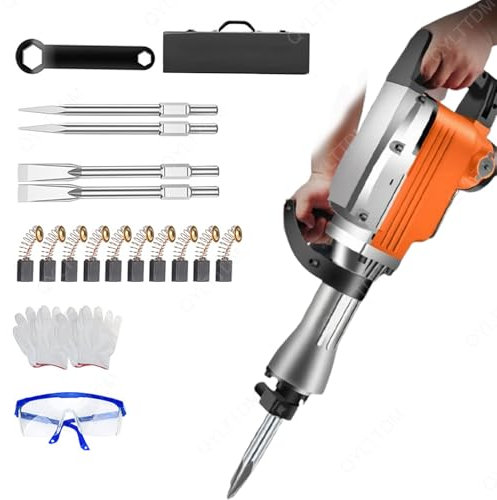 QYLTTDM Martillo De Demolición Eléctrico De 1400 W, Kit De Martillo Perforador De Hormigón, con Accesorios, 2 Cinceles Afilados/2 Cinceles Planos, Martillo Neumático Giratorio De 360 ​​°