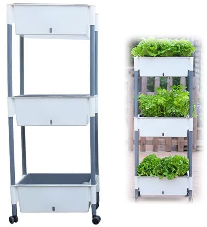 Hochbeet,Vertikalbeet mit Rollen 2 Etagen Blumenkasten Gemüsebeet Kräuterbeet Kunststoff Pflanztisch Selbstbewässerndes Pflanzkasten für Terrasse Balkon Wintergarten Garten (3 Etagen)