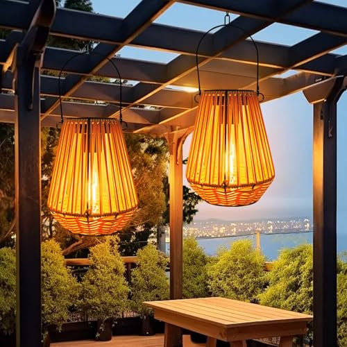 2 Stück Solarlaterne für Außen, Metall Solar Rattan Laterne, Solarlampen für Außen Garten, Wasserdicht Solarleuchten Gartendeko, Hängend Solar Gartenleuchten für Draußen, Balkon, Terrassen, Outdoor