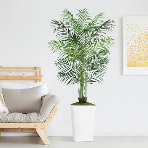Keeplush Palmier Artificiel de 1,8 m avec Pot Blanc – Grand Faux Palmier Tropical en Pot avec véritable écorce pour la Maison, Le Bureau, Le Salon, la Chambre, la Ferme et la décoration Moderne