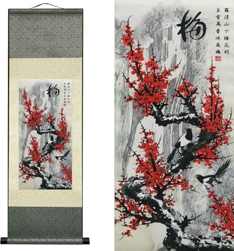 AtfArt Silk Scroll Painting, Asian Wall Decor, Red Plum, 36.2x12in | Symbol of Resilience, Chinese Art Scroll for Living Room, Bedroom, Office Decor