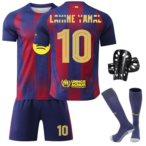 Pardofelis Maglia da calcio per ragazzi, maglia da calcio per bambini, in jersey, con maglietta e pantaloncini e parastinchi, Rosso-blu 10, 24