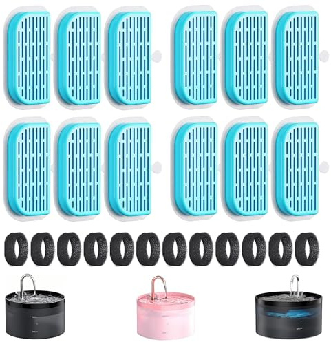 GIOTOHUN Filtro Fuente para Gatos: 24 Filtros Fuente Gatos - Filtro para Fuentes de Gato - Bebedero Gato Filtros - Filtración Múltiple - 12 Filters de Carbóns + 12 Esponjas