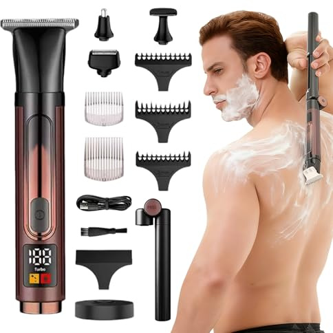 Elektrischer Rückenrasierer für Herren, 4-in-1 Körperhaartrimmer | Wasserdichter, mit Verstellbarem Verlängerungsgriff, für Rücken, Brust, Nase & Privatteile, USB Aufladbar, Body Groomer Set