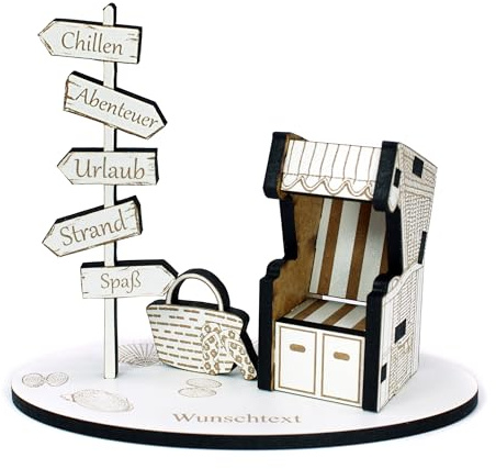 Geschenk Reisegutschein Urlaub Strandkorb mit Wegweisern, 15×12cm | Personalisiert, Gutschein Geschenkverpackung für Geld, Nordsee Ostsee Reise, Sommerurlaub