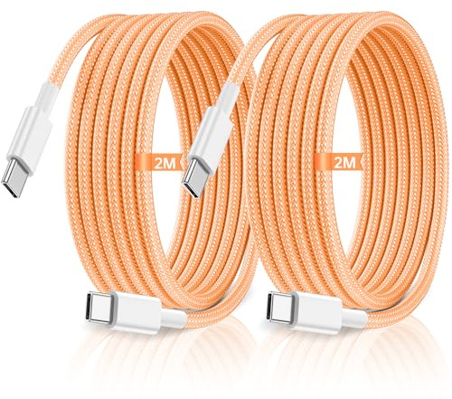 USB C to USB C Charger Cable, 2M 60W Type C Cable Lead Fast Charging, Phone Charger USB C iPhone Cable for Apple iPhone 17 16 15 MacBook iPad Pro/Air Samsung Galaxy S26/S25 Google Pixel 2Pack Orange