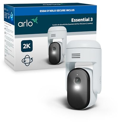 ARLO Essential 3 2K PTZ Rotation à 360°, Caméra de Surveillance WiFi Extérieure, Détection par IA, Vision Nocturne Couleur, Compatible avec Alexa, Essai Arlo Secure Inclus, 1 Caméra