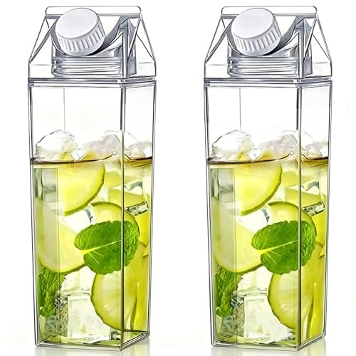 YJQXMYU 500ML Clear Milk Carton Water Bottle with Leak Proof Spouts, Reusable Milk Box Water Bottle Portable Juice Tea Container for Camping Outdoor Sports Travel (2Pcs 500ML)