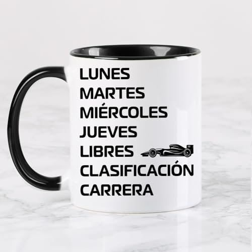 Wanapix |Taza cerámica Fórmula 1 | Regalos Frikis del Motor| 325 ml | Taza Temporada 2026 | Apta para Lavavajillas y Microondas | Asa Negro | Días de la semana F1