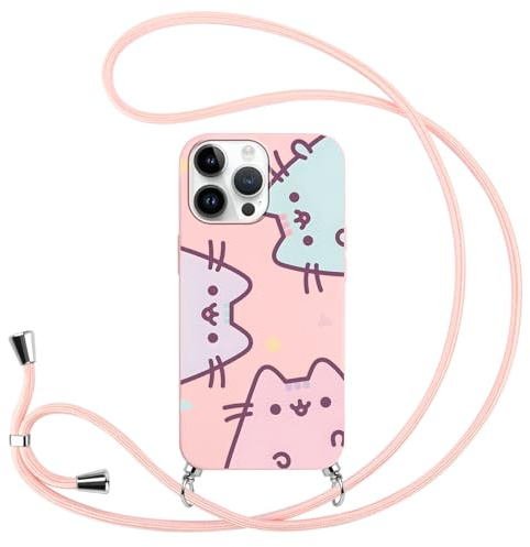 Stradvnaly Handyhülle Handykette für iPhone 12 Pro Max 6.7 Hülle mit Band, Cartoon Manga Katze Cat Cute Anime Muster Case mit zum Umhängen Kordel, Silikon Stoßfest Bumper Schutzhülle Cover, Cartoon