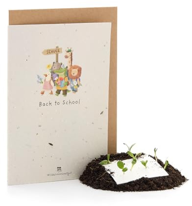 Wachsende Grußkarte zum Schulanfang I Back to School Karte mit Saatpapier I Mit Wildblumen-Samen zum Einpflanzen I DIN A6, inkl. Umschlag I Kreative Geschenkidee für Kinder, Schule & Schulalltag