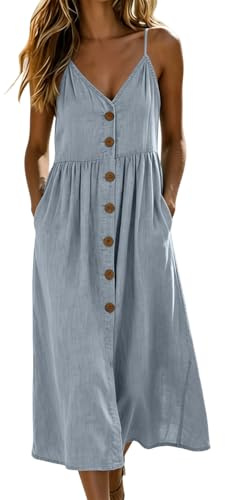 AMhomely Dresses for Women UK - Summer Sleeveless Buttondown Collar Dress,Cotton,Adjustable Straps,Midi Calf Length,Pleated A-line Sundress with Pocket,for Office Work Holiday Beach