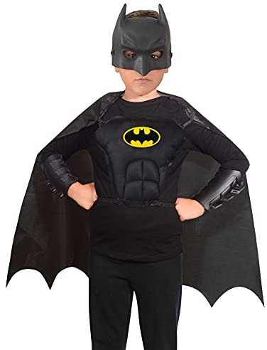 Ciao Kit travestimento Batman ufficiale DC Comics (taglia unica bambino 5-12 anni): maschera, mantello, corpo, bracciali, nero