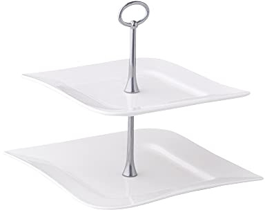 AMBITION Etagere Porzellan 2 stöckig Welle 24,5 x 24,5 cm quadratischer Tortenständer für Obst Törtchen Kuchen