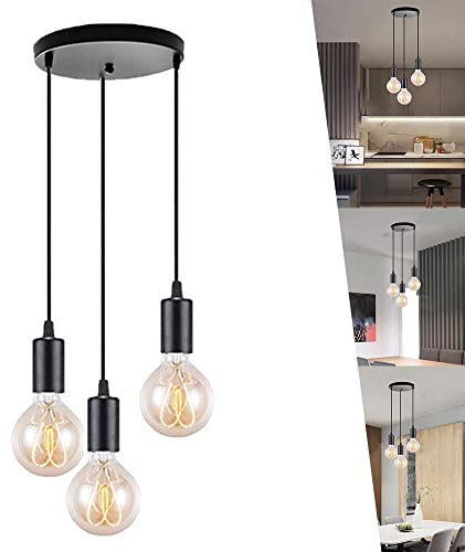 3 Flaming Vintage Metal Industrial Loft – Lámpara de techo colgante, lámpara de baño, lámpara de interior, con casquillo E27, color negro para cocina, comedor, salón, dormitorio